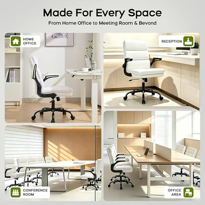 Office Chair Adjustable Desk Chair Mid Back Executive Comfortable Bonded Leather Ergonomic Back Support Home Computer Chair with Padded Flip-up Armrest Swivel Wheels (White)
