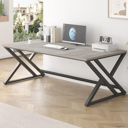 LVB Modern Long Office Desk, Large Wood Metal Computer Desk, Industrial Double Workstation Desk for Two People, Rustic PC Executive Work Study Writing Computer Table for Home, Light Grey Oak, 78.7 in
