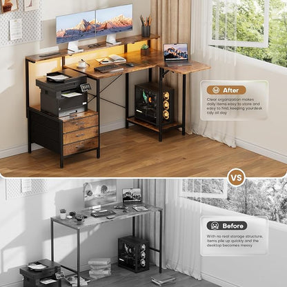 HLDIRECT 55 Inch Computer Desk for Home Office, Gaming Computer Desk with Printer Shelf, Storage Drawers, Power Outlets, Monitor Stand & LED Strip, Foldable L Shaped Gaming Table (Rustic Brown)
