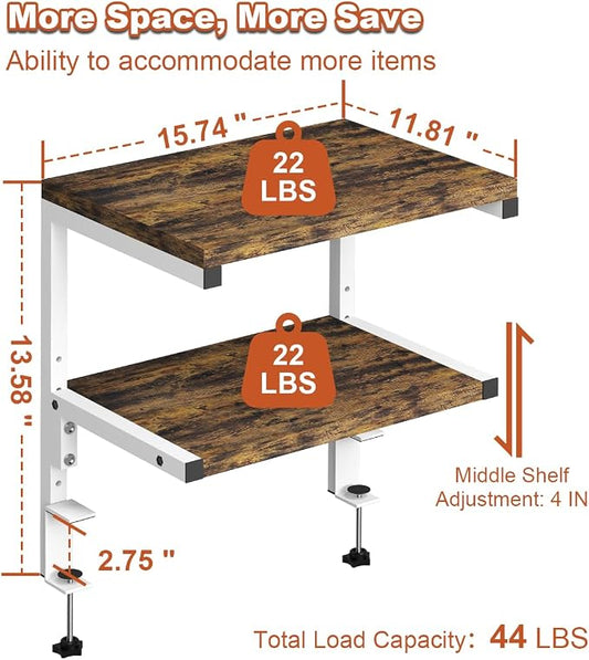 Mondazie Clamp on Desk Organizer Shelf, Heavy-Duty Desk Extender Side Table with 2-Tier Adjustable Storage Shelves for Desktop Accessories, Gaming Devices, White