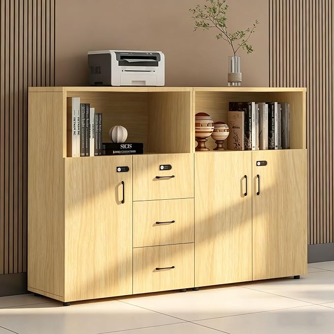 File Cabinet with Password Lock, Wood Lateral Filing Cabinet for Letter/A4 Files, 3 Drawer with Door, Printer Stand with Open Shelves for Home Office