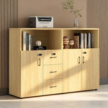 File Cabinet with Password Lock, Wood Lateral Filing Cabinet for Letter/A4 Files, 3 Drawer with Door, Printer Stand with Open Shelves for Home Office