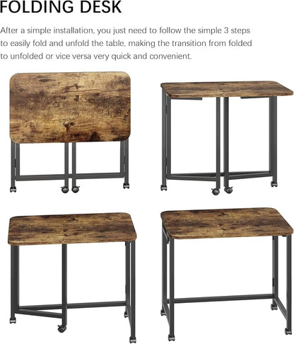 JSB Folding Desk for Small Spaces,Mobile Portable Rolling Laptop PC Table on Wheels,Foldable Computer Desk for Home Office,Bedroom,Dorm,Space Saving (Rustic & Brown, 27.6")