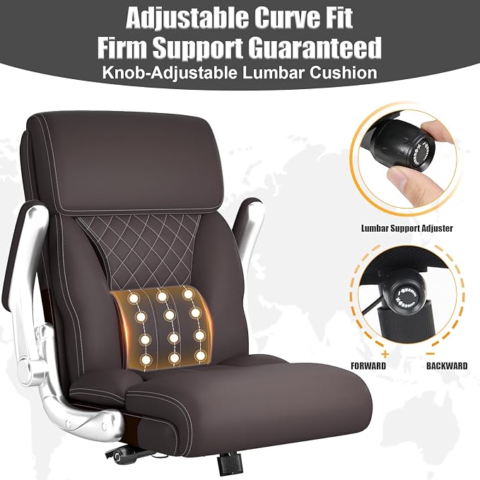 Ergonomic Leather Office Chair with Adjustable Lumbar Support, Flip-Up Armrests Desk Computer Chair, Swivel PC Chair with Rocking Function