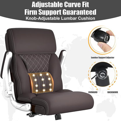 Ergonomic Leather Office Chair with Adjustable Lumbar Support, Flip-Up Armrests Desk Computer Chair, Swivel PC Chair with Rocking Function