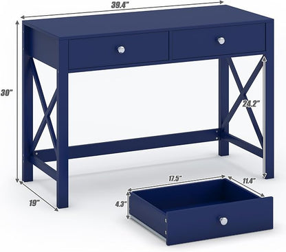 WiberWi Home Office Desk with Drawers, Modern Writing Computer Desk for Bedroom, Small Makeup Vanity Table Study Table for Home Office,Navy