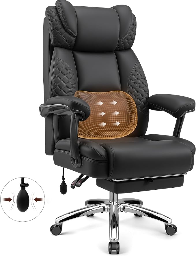 Office Desk Chair with Footrest, High Back Leather Chair Lumbar Support