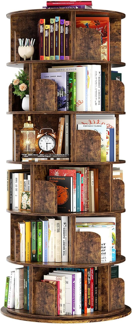 Besiost Rotating Bookshelf Tower, 6 Tier Spinning Bookcase, Revolving 360 Book Shelf Narrow Tall Bookcase, Vertical Turning Round Bookshelf Organizer, Corner Bookshelf for Small Space, Rustic Brown