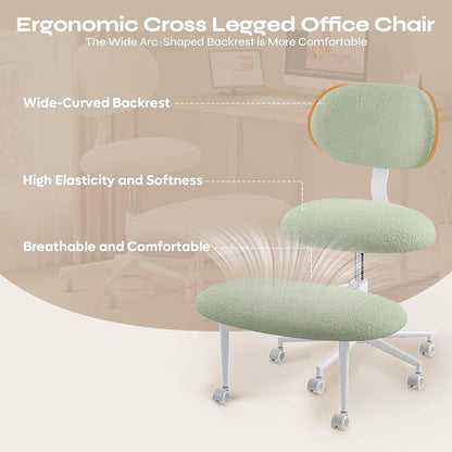 Pinmoco Ergonomic Cross Legged Office Chair with Wheels, ADHD Chair for Adults, Meditation Chair, Yoga Office Chair, Comfortable Back Support, Height Adjustable,Small Spaces, Teddy Fabric, Green