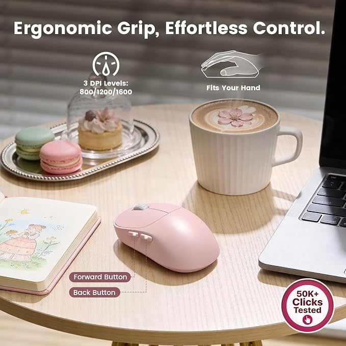 Wireless Keyboard and Mouse Combo, Magnetic Soft-Touch Wrist Rest, Round Keycaps, Full-Size Retro Typewriter Keyboard, 2-Stage Tilt Legs, Auto Sleep, 2.4GHz Cordless for Windows PC, Blush Pink Ombre