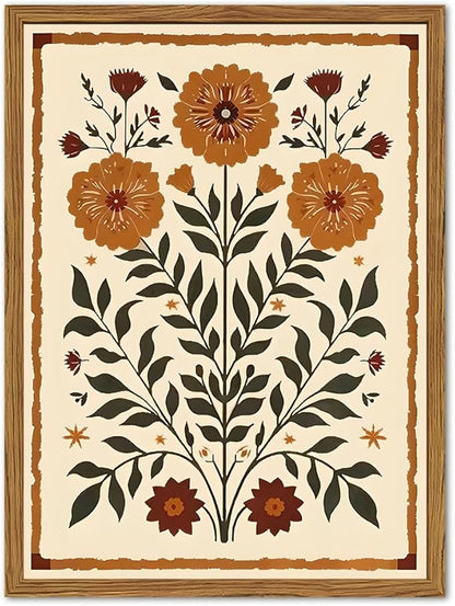 Framed Vintage Mexican Floral Wall Art, Boho Flower Pictures Wall Decor, Folk Marigolds Botanical Paintings Canvas Prints Rustic Home Decor for Living Room Bedroom 16x24 inch