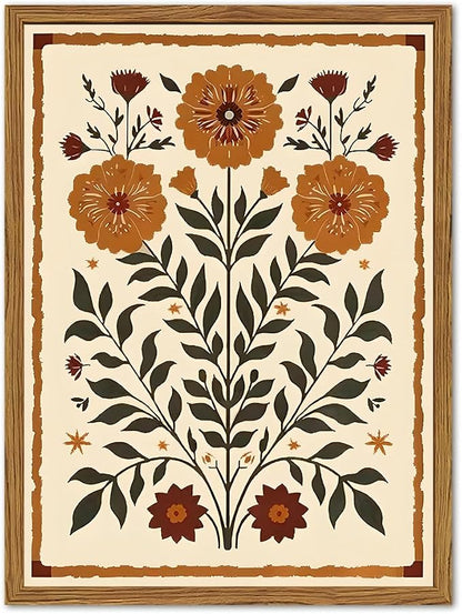 Framed Vintage Mexican Floral Wall Art, Boho Flower Pictures Wall Decor, Folk Marigolds Botanical Paintings Canvas Prints Rustic Home Decor for Living Room Bedroom 12x16 inch