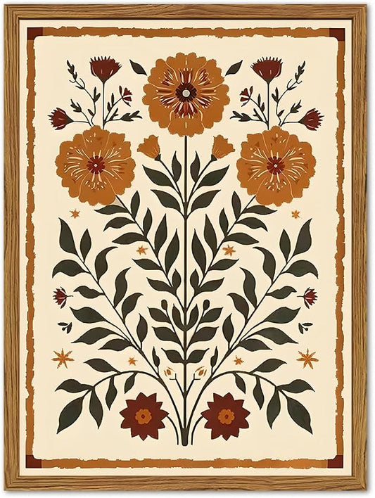 Framed Vintage Mexican Floral Wall Art, Boho Flower Pictures Wall Decor, Folk Marigolds Botanical Paintings Canvas Prints Rustic Home Decor for Living Room Bedroom 12x16 inch