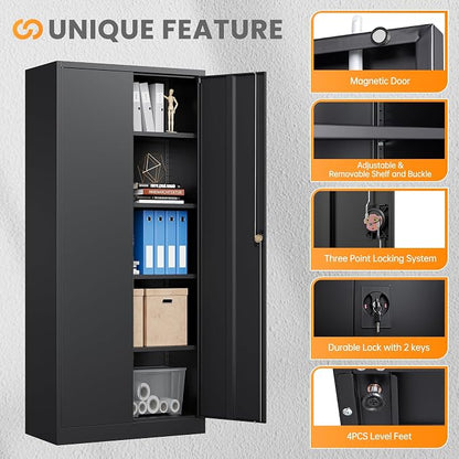 Metal Garage Cabinets with Lock, 72" H Garage Storage Cabinet with 2 Doors and 4 Adjustable Shelves, Steel Locking Caninet Tall Tool Storage Cabinets, Lockable File Cabnet for Home Office