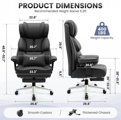 Office Desk Chair, Big and Tall Leather Gaming Chair with Footrest, Wide Ergonomic Comfy Executive High-Back Reclining Computer Chairs, Swivel Rolling Wheels and Padded Lumbar Support, Black Updated