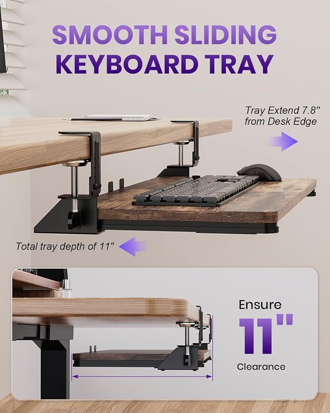 Ergonomic Keyboard Tray Under Desk, Pull Out with Adjustable C-clamp, 25.6 (31.5 Including Clamps) x 11.8 Inch Slide Out Computer Keyboard Drawer Mouse Tray for Typing, Large & Rustic Brown