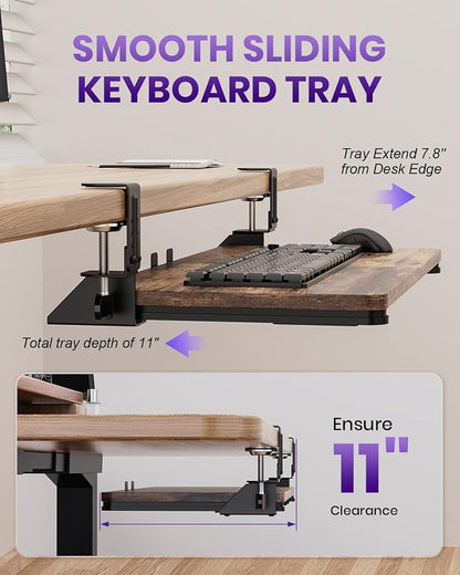Ergonomic Keyboard Tray Under Desk, Pull Out with Adjustable C-clamp, 25.6 (31.5 Including Clamps) x 11.8 Inch Slide Out Computer Keyboard Drawer Mouse Tray for Typing, Large & Rustic Brown