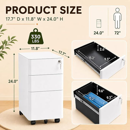SAWJEC 3 Drawer File Cabinet with Lock, 11.8" W Fully Assembled Rolling Printer Stand Under Desk, White Filing Cabinet for Legal/Letter/A4 Size, Home Office, 17.7" D x 11.8" W x 24.0" H
