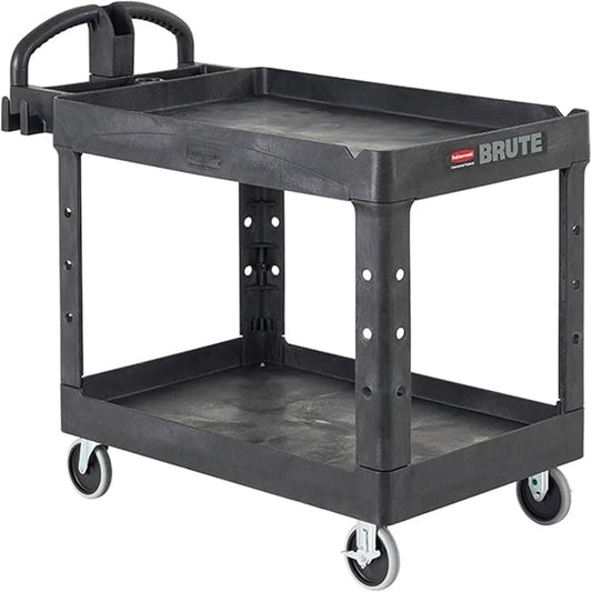 Rubbermaid Commercial Products 2-Shelf Utility/Service Cart, Small, Lipped Shelves, Ergonomic Handle, 500 lbs. Capacity, for Warehouse/Garage/Cleaning/Manufacturing