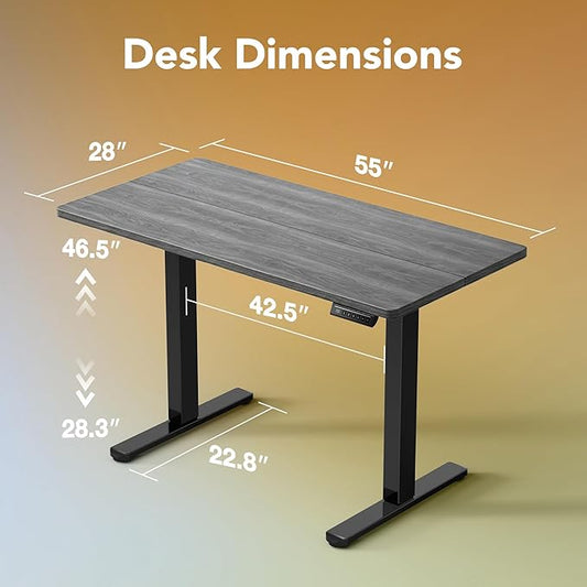 HUANUO Electric Standing Desk,55" x 28" Height Adjustable Desk, 4 Memory Height Settings, Sit to Stand Up Desk for Home Office, with Headphone Hook, Cable Manager, Grey