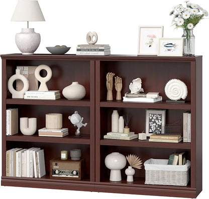 blini Wooden Bookshelf and Bookcase 3 Tier Double Wide Large Bookshelves Set of 2, Wood Bookshelf for Living Room, Home Office, Library (Mahogany, 3-Shelf)