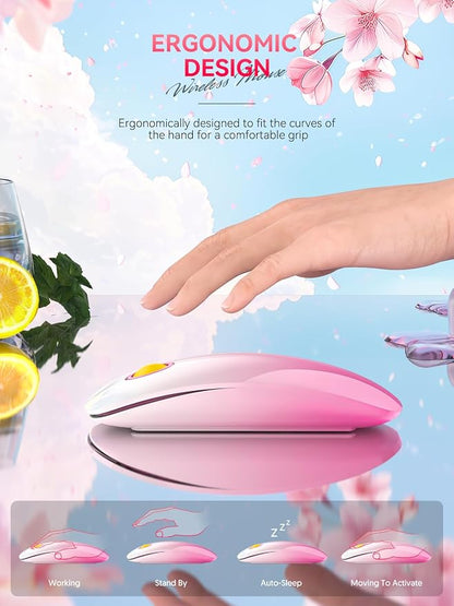 Bluetooth Wireless Mouse - (BT5.1+USB) Slim Dual Mode Computer Mice with Quiet Click, Low Power, and 1600 DPI, Portable Cordless Mouse for MacBook, Laptop, iPad Pro/Air(Gradient Pink)