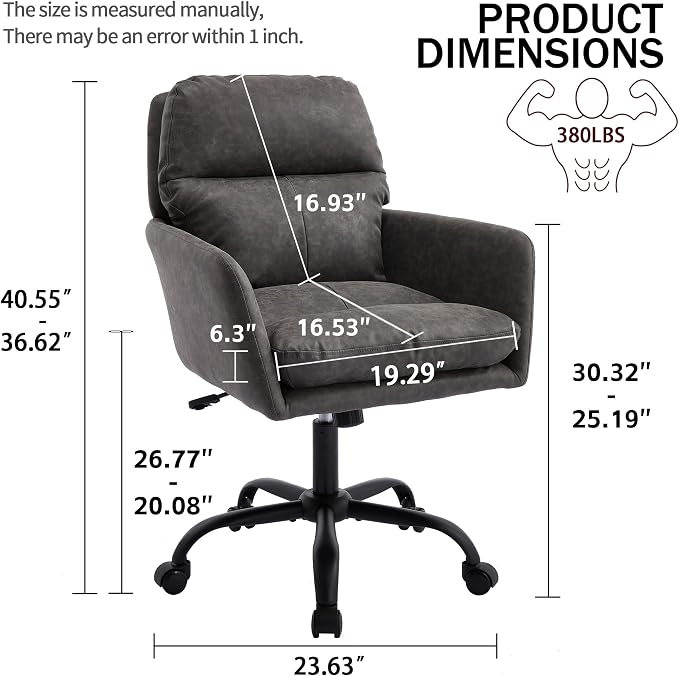 YITAI Adjustable Home Office Desk Chair with Comfy Square Mid-Back, Faux Leather 360 Swivel Upholstered Task Armchair with Wheels for Vanity Bedroom/Living Room,Study Gray