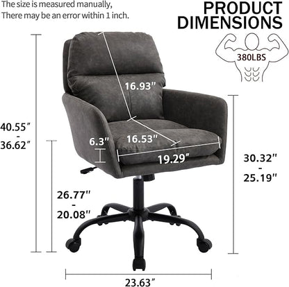 YITAI Adjustable Home Office Desk Chair with Comfy Square Mid-Back, Faux Leather 360 Swivel Upholstered Task Armchair with Wheels for Vanity Bedroom/Living Room,Study Gray