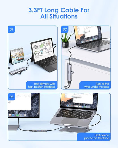 LENTION 3.3FT Long Cable USB C Hub with 4K HDMI, 100W PD, USB 3.0 A&C Data, Card Reader&LED Indicator for MacBook Pro/Air, Dell XPS, HP, Chromebook, Stable Driver Adapter (C37-1M, Space Gray)