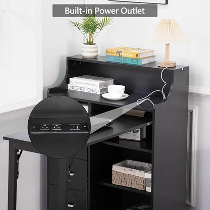 Fold Out Desk,Folding Desk with Storage,Lockable Drawers & Shelves, Built-in Power Outlet,Hidden Desk for Study and Home Office