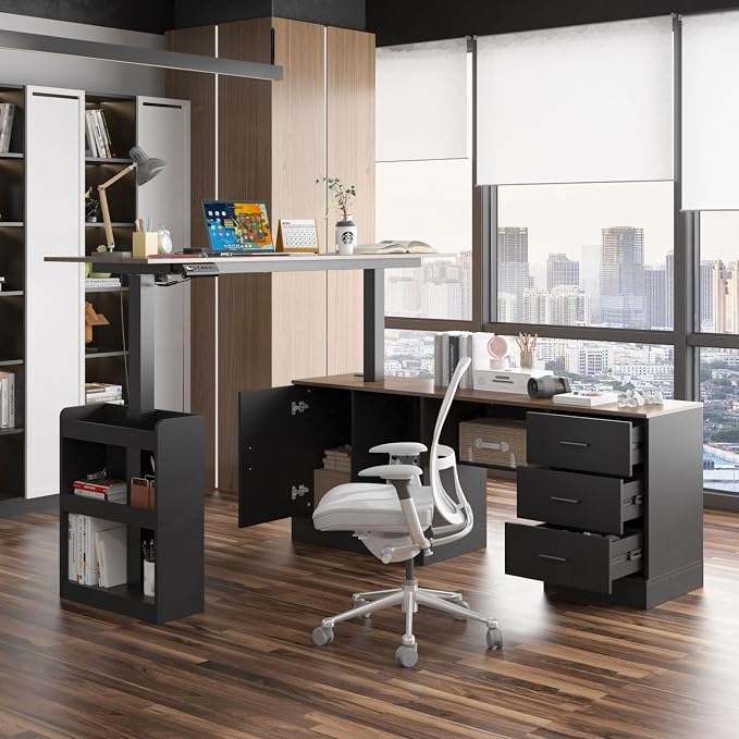 MOUMON Electric Standing Desk with Drawers and Shelves, Executive Adjustable Height Stand Up Desk, L-Shaped Design, 63 inch Tabletop, for Office Deep Brown and Black 63”W x 63”D x 28.9-45.3”H