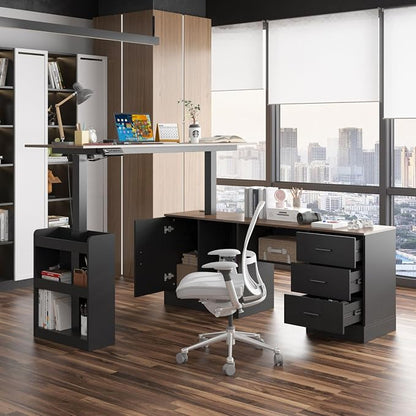 MOUMON Electric Standing Desk with Drawers and Shelves, Executive Adjustable Height Stand Up Desk, L-Shaped Design, 63 inch Tabletop, for Office Deep Brown and Black 63”W x 63”D x 28.9-45.3”H