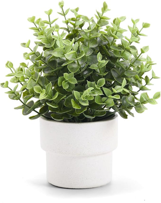 Coferset Small Fake Plants 7.45” Eucalyptus Potted Artificial Eucalyptus Plant for Bedroom Kitchen House Living Room Shelves Farmhouse Table Office Desk Bathroom Home Indoor Decor (Green)
