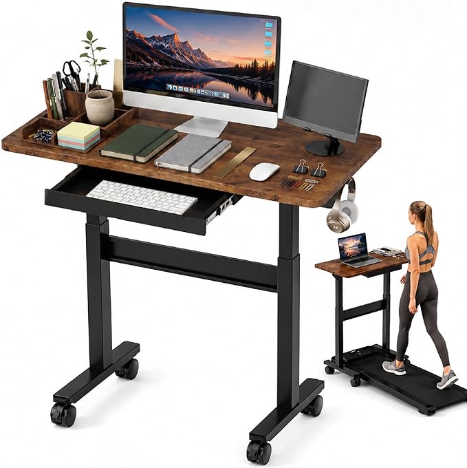 Standing Desk for Walking Pad with Wheels, Pneumatic Cordless Height Adjustable Rolling Desk, Computer Workstation with Drawer Hook Locking Casters for Treadmill Home Office, Dark Wood