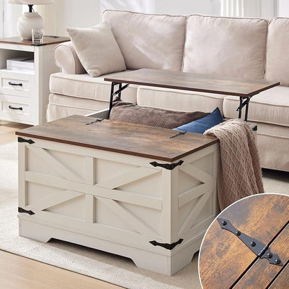 Farmhouse Coffee Table and End Table Set with Charging Station 3 Piece Set, White Living Room Tables with Hidden Storage, Rustic Wood Furniture for Home and Office, White