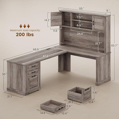 Itaar Farmhouse 68.9" L Shaped Desk with Hutch, Executive Home Office Desk with File Drawer and Power Outlet, Computer Corner Desk with Storage Cabinet, Workstation for Office Home,Grey