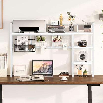 Snughome Desk Shelf, 44.9" Desktop Organizer Shelf, Desk Hutch for Computer Monitor, 4 Tier Desk Display Rack with Pegboard Hooks Set, Wood Desktop Bookshelf for Home Office Dorm