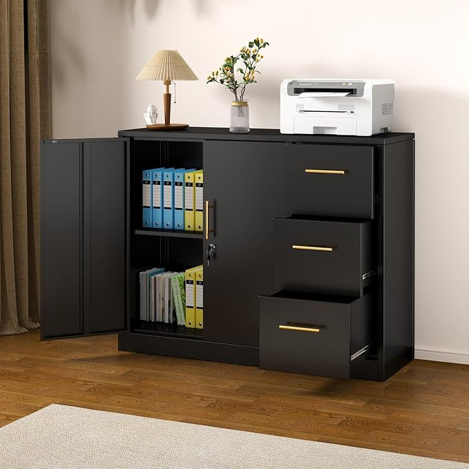 GAIOUS Lateral File Cabinet with 3 Drawers, Metal Storage Cabinet with Lock, Black Sideboard Buffet, Multi-Functional Accent Cabinets for Home Office Living Room Entryway