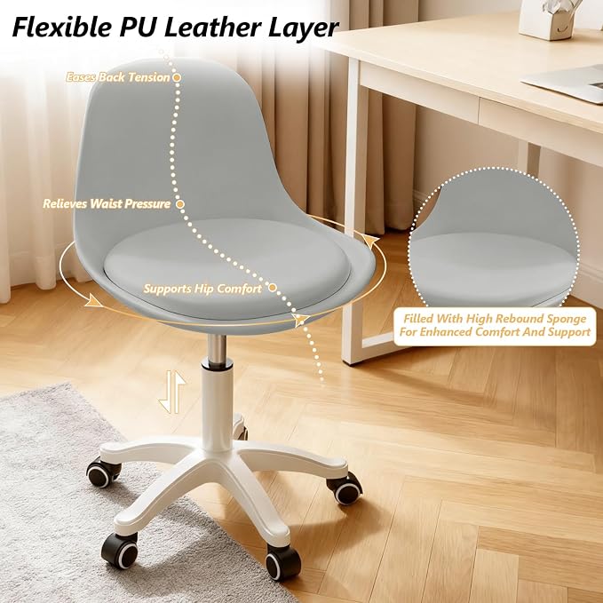 Home Office Chairs, Small Swivel Rolling Desk Chair with Silent Wheels and Low-Back,Armless Heavy-Duty Vanity Chair Height Adjustable for Bedroom,Students,Study,Teens