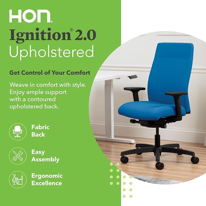 HON Ignition 2.0 Ergonomic Office Chair with Adjustable Arms, Advanced Synchro‑Tilt Recline, Upholstered Desk and Computer Chair for Home Office or Workstation, Black Frame, Peacock