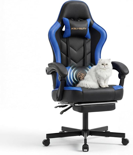 Desk Computer Gaming Chair - High Back Ergonomic Office Chair with Footrest and Lumbar Support, Swivel Comfy Home Gamer Video Game Chairs with Pocket Spring Cushion for Adults (Blue Leather)