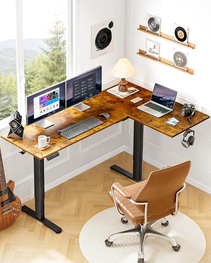 HUANUO Dual Motor 63x40 inch L Shaped Electric Standing Desk with 3 Preset Heights, Electric Height Adjustable Computer Table, 2 Hooks & Cable Tray, Raising Desk for Home Office, Vintage Brown