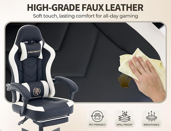 Office Desk Computer Gaming Chair for Adults, Ergonomic High Back Gamer Chair with Massage and Pocket Spring Cushion, Swivel Comfy Video Game Chairs with Footrest and Lumbar Support (Black White)