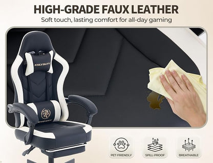 Office Desk Computer Gaming Chair for Adults, Ergonomic High Back Gamer Chair with Massage and Pocket Spring Cushion, Swivel Comfy Video Game Chairs with Footrest and Lumbar Support (Black White)