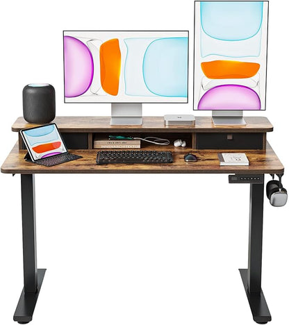 BANTI 48x24 Inch Electric Standing Desk with Dual Drawers, Height Adjustable Stand Up Table, Sit Stand Home Office Desk with Storage Shelf, Black Frame/Rustic Brown Top