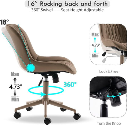 YOUNIKE Faux Leather Ergonomic Office Chair Armless Comfy Desk Chair with Rocking Back Cute Swivel Vanity Chair with Wheels Height Adjustable Small Computer Task Chair for Sewing Drafting Khaki