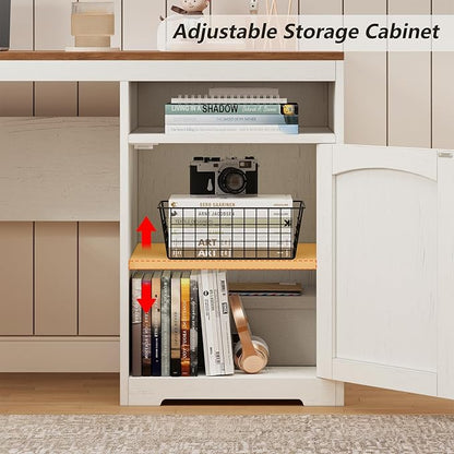 YOMILUVE 63" Farmhouse L Shaped Executive Desk with Drawers & Storage Shelf, Corner Fluted Computer Desk with Power Outlets, L Shaped Office Desk with Monitor Stand, Printer Shelf