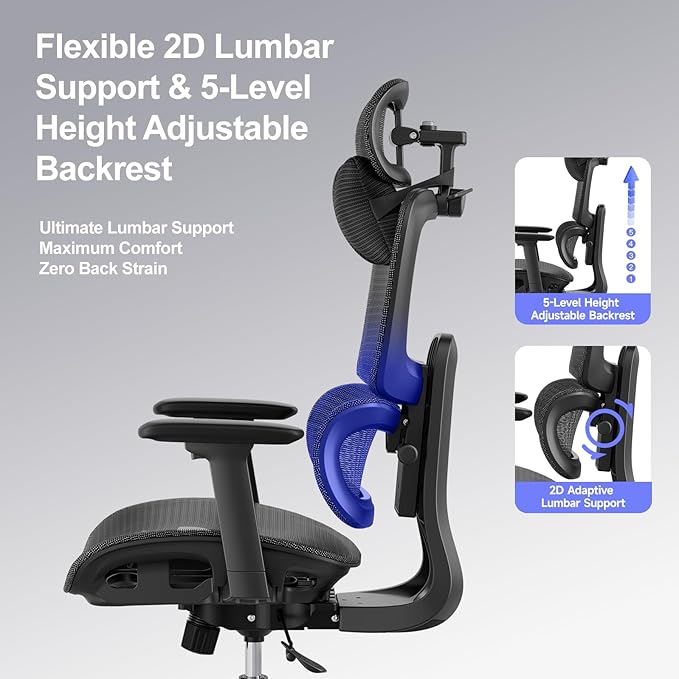Ergonomic Office Chair with 3D Headrest, Computer Chair with Adjustable Backrest & 3D Armrest, Gaming Chair with Adaptive Lumbar Support, Mesh Backrest & Cushion, Black
