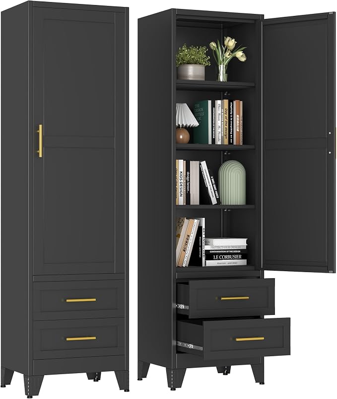 67" Tall Narrow Metal Storage Cabinet, Freestanding Pantry Organizer, Black | Slim Bathroom Cabinets with 2 Drawers & 3 Adjustable Shelves, Multi-Use Cupboard for Kitchen Office Living＆ Dining Room