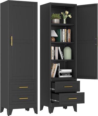 67" Tall Narrow Metal Storage Cabinet, Freestanding Pantry Organizer, Black | Slim Bathroom Cabinets with 2 Drawers & 3 Adjustable Shelves, Multi-Use Cupboard for Kitchen Office Living＆ Dining Room